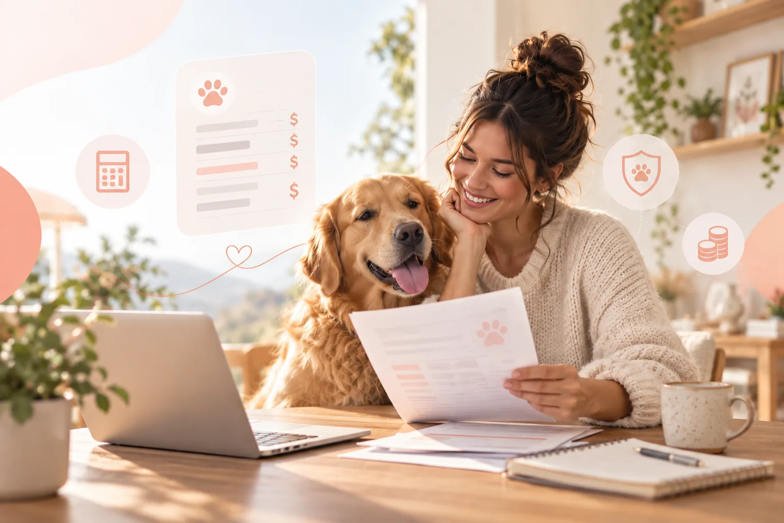 Owner reviewing papers with a golden-colored dog in a bright home