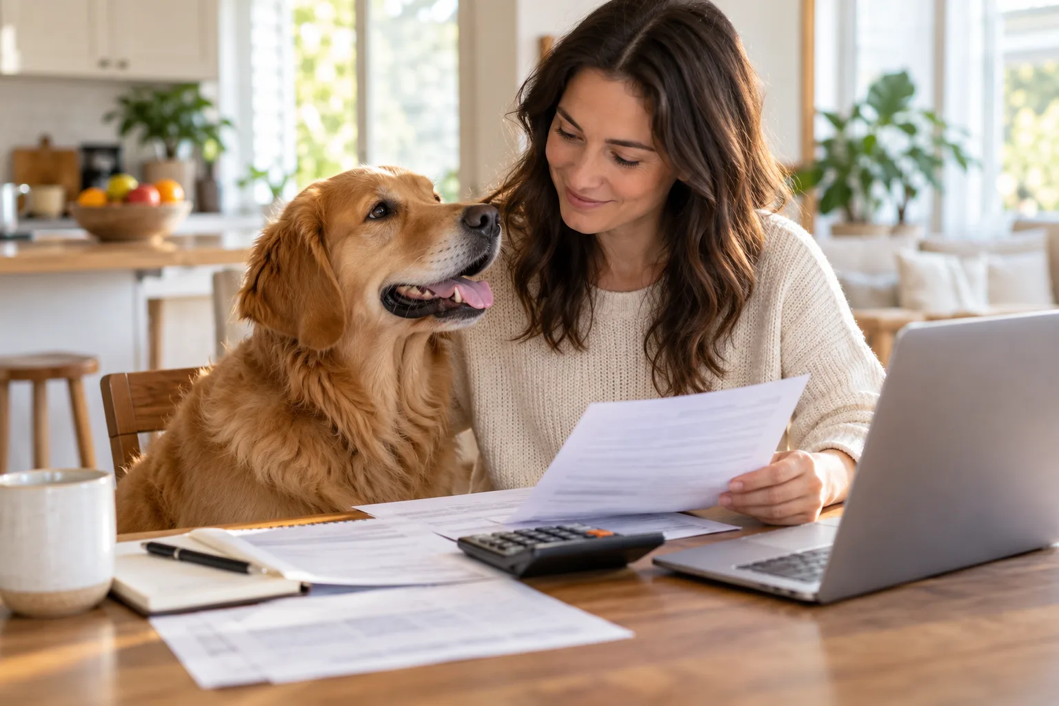 Woman comparing paperwork with a golden-colored dog beside her